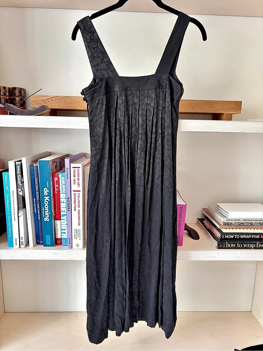 Albert Nipon Black Satin Floral Jacquard Babydoll Dress
